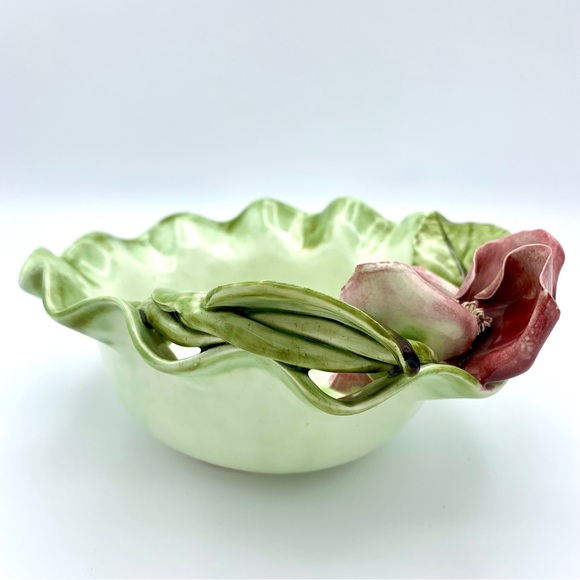Vintage Majolica Pottery Bowl 8” Green Leaves Pink Capodimonte Raised Flower - Picture 12 of 16